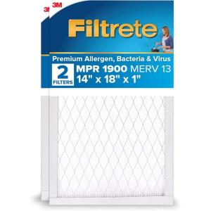 imageFiltrete 16x25x1 AC Furnace Air Filter MERV 13 MPR 1900 Premium Allergen BacteriaampampVirus Filter 3Month Pleated 1Inch Electrostatic Air Cleaning Filter 2Pack Actual Size 15719x2472x078 in14x18x1