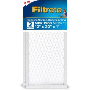 imageFiltrete 16x25x1 AC Furnace Air Filter MERV 13 MPR 1900 Premium Allergen BacteriaampampVirus Filter 3Month Pleated 1Inch Electrostatic Air Cleaning Filter 2Pack Actual Size 15719x2472x078 in12x20x1