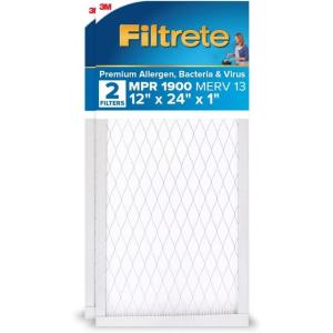 imageFiltrete 16x25x1 AC Furnace Air Filter MERV 13 MPR 1900 Premium Allergen BacteriaampampVirus Filter 3Month Pleated 1Inch Electrostatic Air Cleaning Filter 2Pack Actual Size 15719x2472x078 in12x24x1