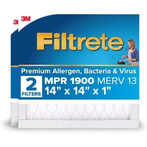 imageFiltrete 16x25x1 AC Furnace Air Filter MERV 13 MPR 1900 Premium Allergen BacteriaampampVirus Filter 3Month Pleated 1Inch Electrostatic Air Cleaning Filter 2Pack Actual Size 15719x2472x078 in14x14x1