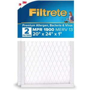 imageFiltrete 16x25x1 AC Furnace Air Filter MERV 13 MPR 1900 Premium Allergen BacteriaampampVirus Filter 3Month Pleated 1Inch Electrostatic Air Cleaning Filter 2Pack Actual Size 15719x2472x078 in20x24x1