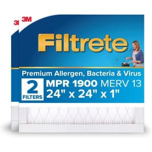imageFiltrete 16x25x1 AC Furnace Air Filter MERV 13 MPR 1900 Premium Allergen BacteriaampampVirus Filter 3Month Pleated 1Inch Electrostatic Air Cleaning Filter 2Pack Actual Size 15719x2472x078 in24x24x1