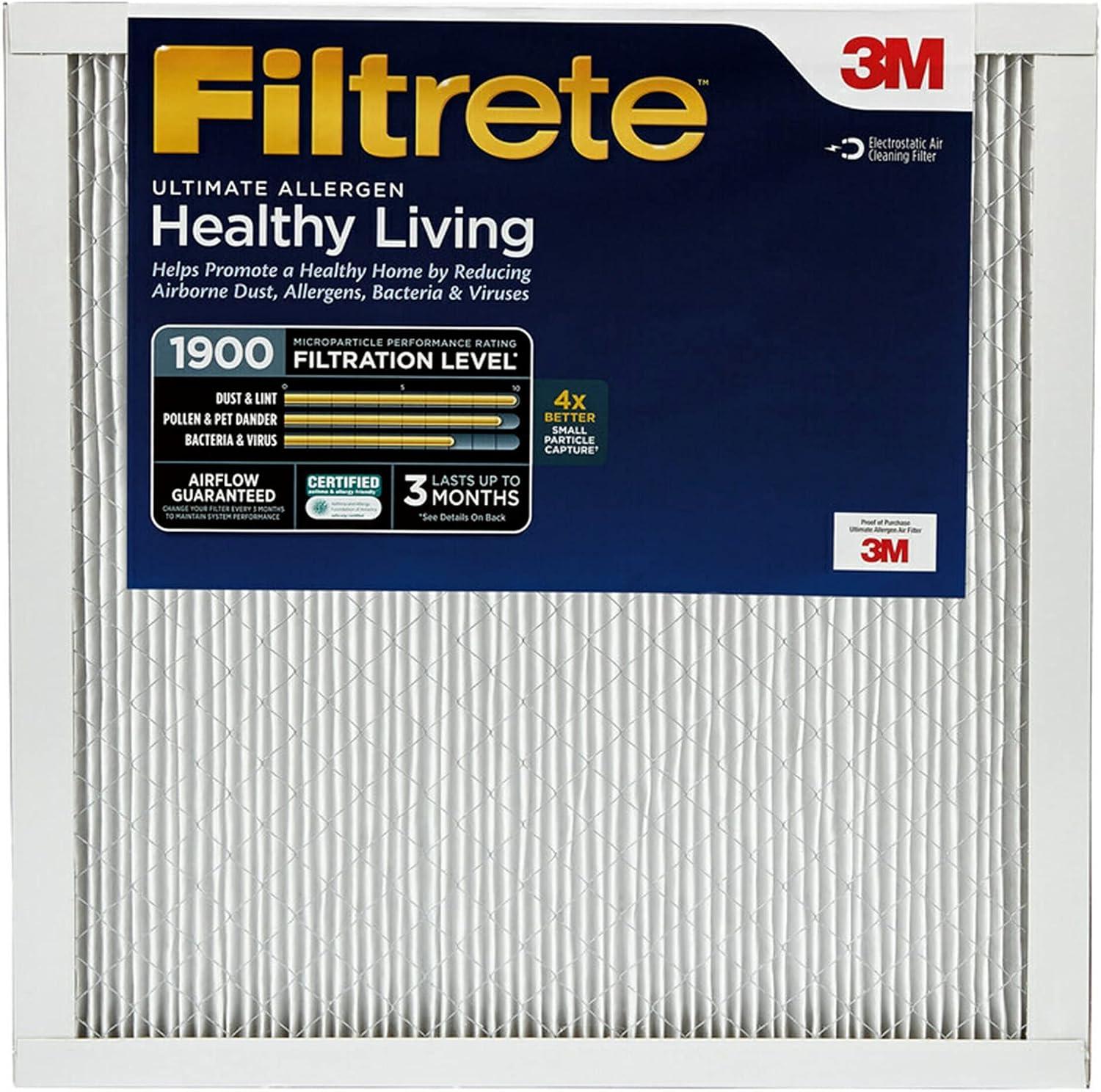 imageFiltrete 20x25x1 AC Furnace Air Filter MERV 13 MPR 1900 Premium Allergen Bacteria ampamp Virus Filter 3Month Pleated 1Inch Electrostatic Air Cleaning Filter 6Pack Actual Size 1969x2469x078 in14x14x1