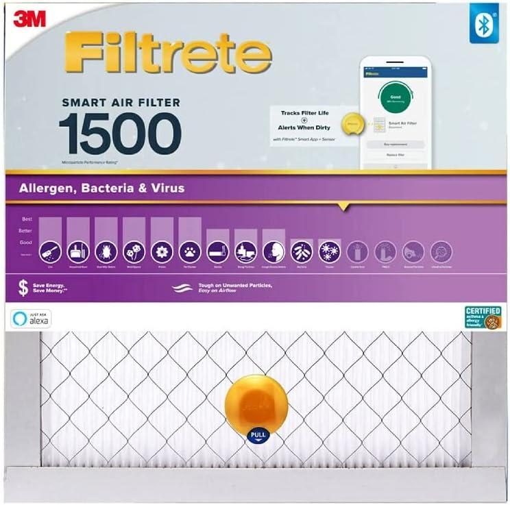 imageFiltrete 20x25x1 AC Furnace SMART Air Filter MERV 12 MPR 1500 Track Filter Life With Bluetooth Enabled Sensor CERTIFIED asthma ampamp allergy friendly 2Pack Actual Size 19719x24688x078 in14x14x1