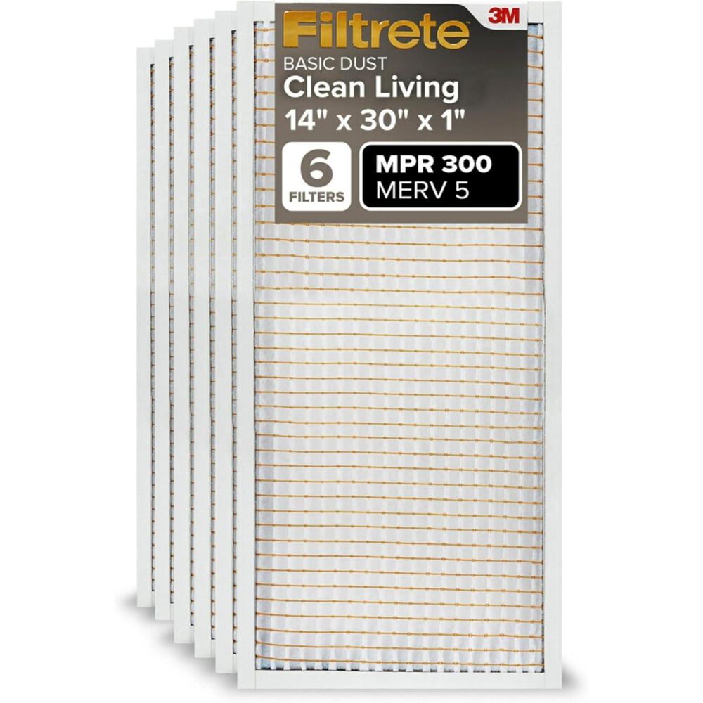 imageFiltrete 12x20x1 Air Filter MPR 300 MERV 5 Clean Living Basic Dust 3Month Pleated 1Inch Air Filters 6 Filters14x30x1