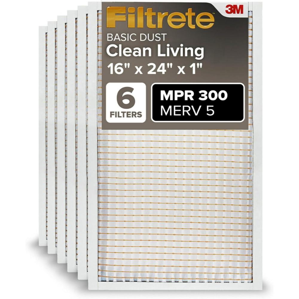 imageFiltrete 12x20x1 Air Filter MPR 300 MERV 5 Clean Living Basic Dust 3Month Pleated 1Inch Air Filters 6 Filters16x24x1