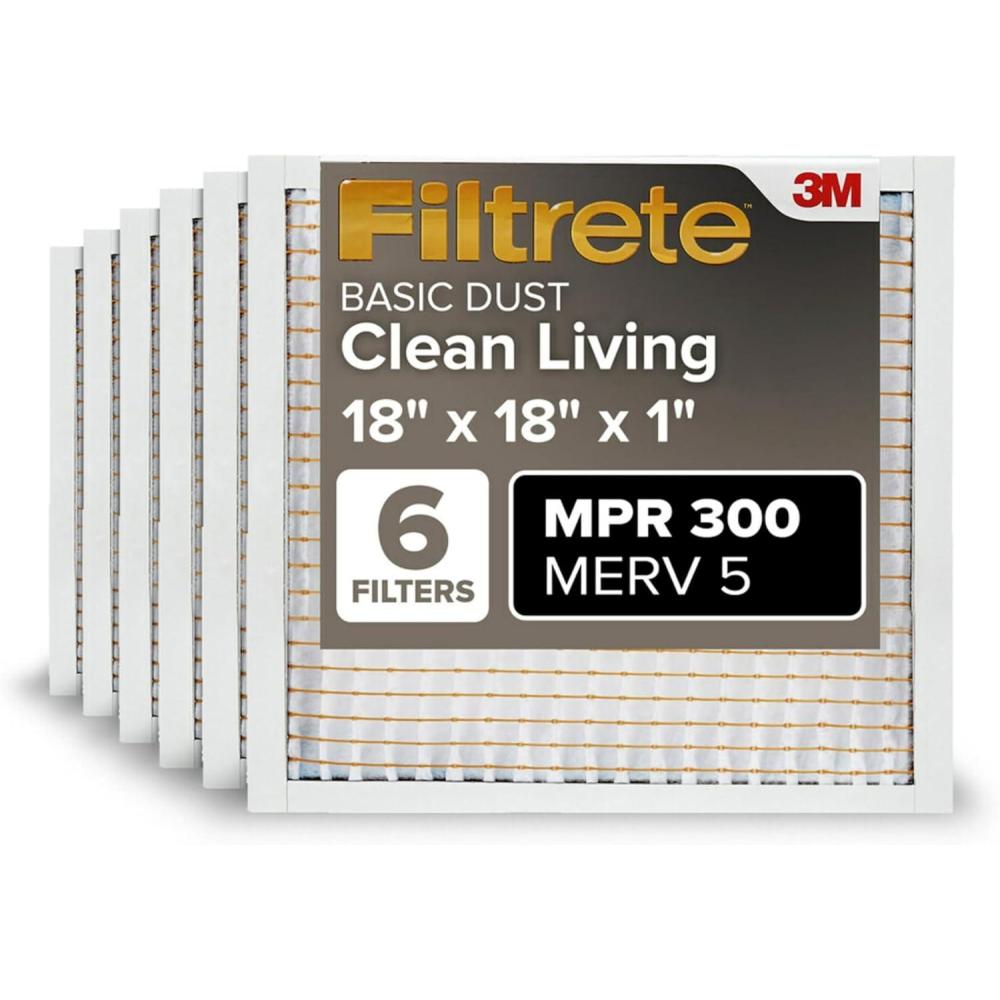 imageFiltrete 12x20x1 Air Filter MPR 300 MERV 5 Clean Living Basic Dust 3Month Pleated 1Inch Air Filters 6 Filters18x18x1