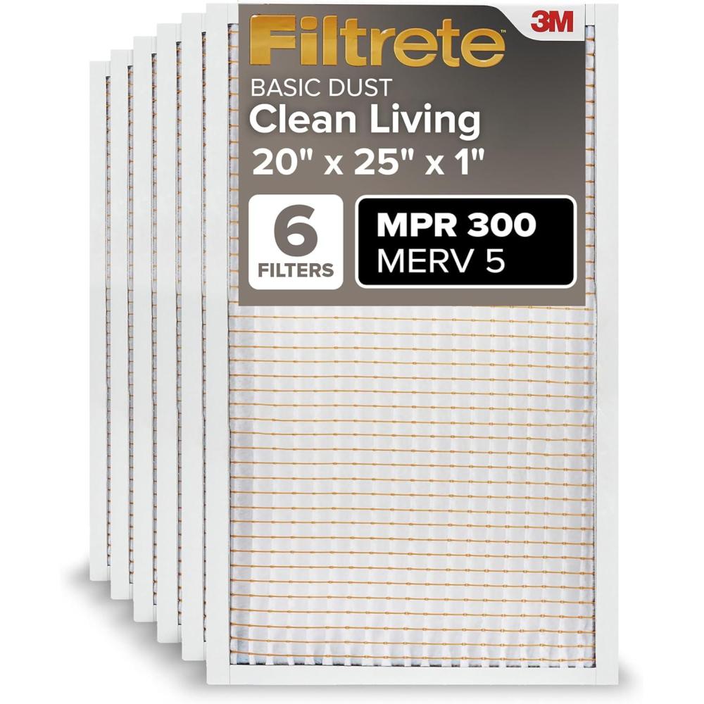 imageFiltrete 12x20x1 Air Filter MPR 300 MERV 5 Clean Living Basic Dust 3Month Pleated 1Inch Air Filters 6 Filters20x25x1