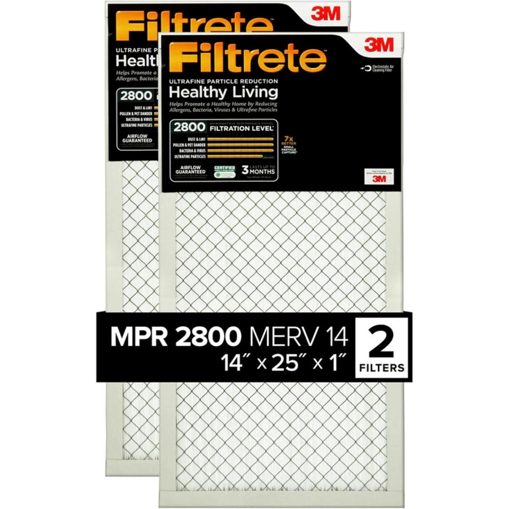 imageFiltrete 14x20x1 Air Filter MPR 2800 MERV 14 Healthy Living Ultrafine Particle Reduction 3Month Pleated 1Inch Air Filters 2 Filters14x25x1