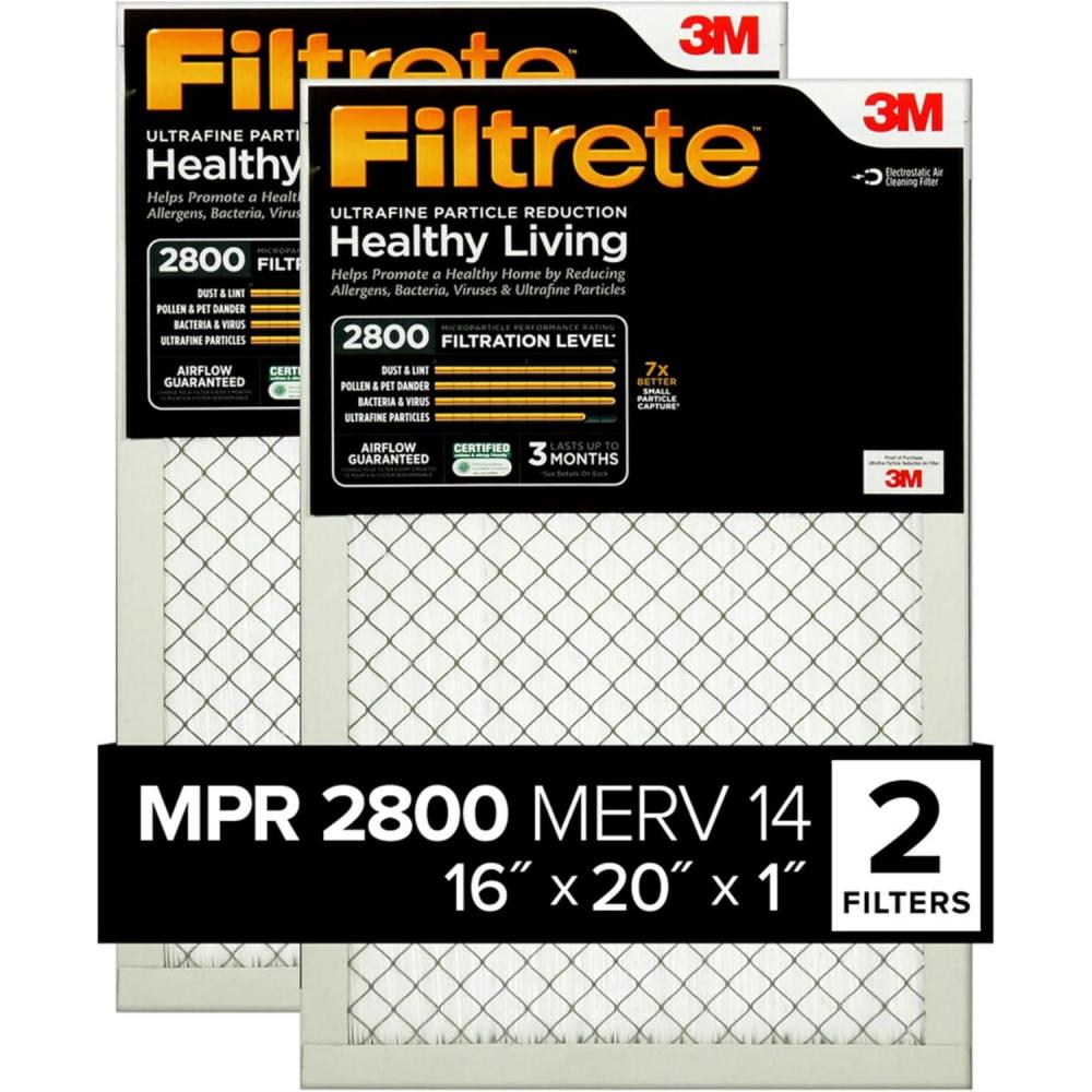 imageFiltrete 14x20x1 Air Filter MPR 2800 MERV 14 Healthy Living Ultrafine Particle Reduction 3Month Pleated 1Inch Air Filters 2 Filters16x20x1
