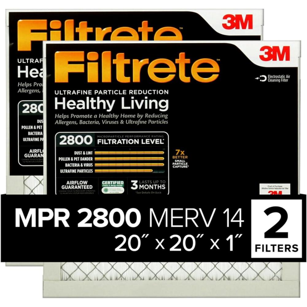imageFiltrete 14x20x1 Air Filter MPR 2800 MERV 14 Healthy Living Ultrafine Particle Reduction 3Month Pleated 1Inch Air Filters 2 Filters20x20x1