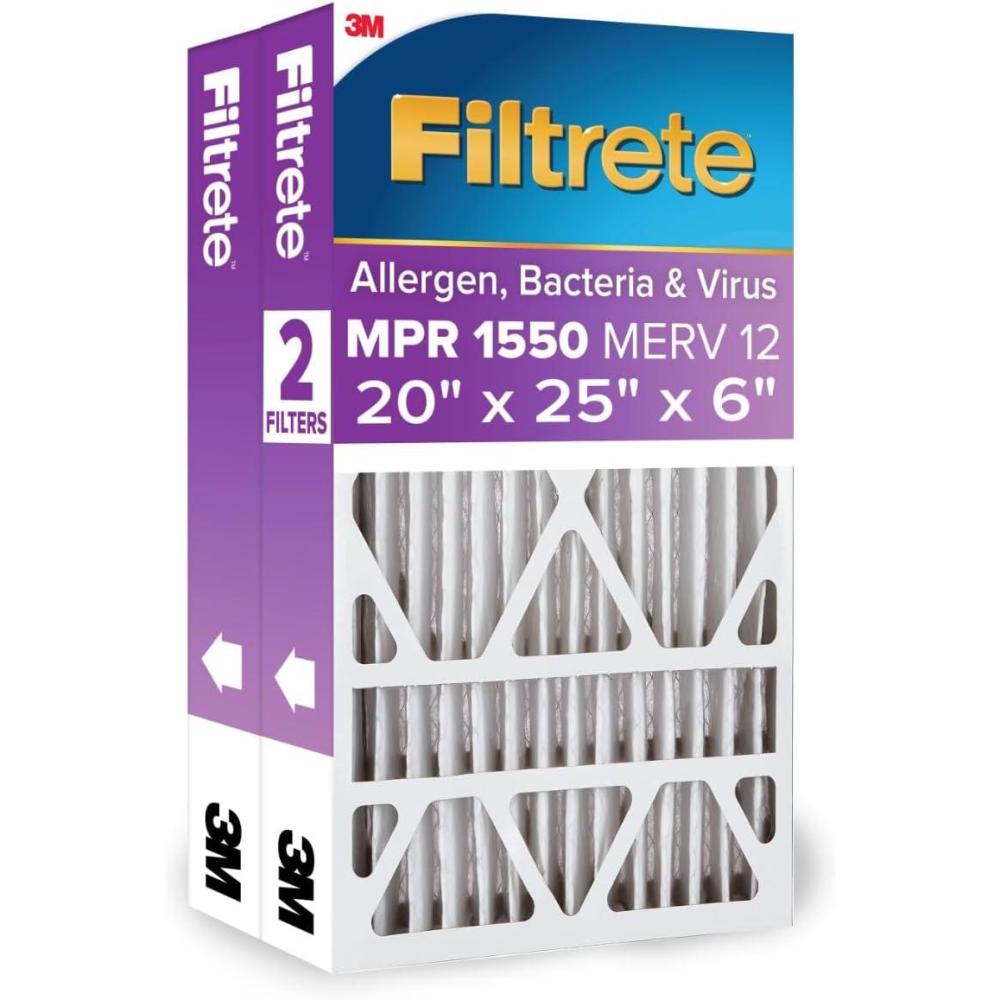 imageFiltrete 16x25x4 AC Furnace Air Filter MPR 1550 MERV 12 Fits Lennox ampamp Honeywell CERTIFIED Asthma ampamp Allergy Friendly Electrostatic Air Cleaning Filter 2Pack Actual Size 1588x2456x431 in20x25x6
