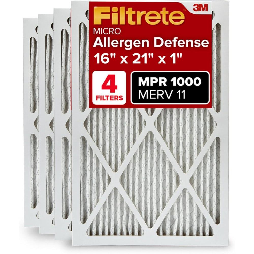 imageFiltrete 20x25x1 AC Furnace Air Filter MERV 11 MPR 1000 Micro Allergen Defense 3Month Pleated 1Inch Electrostatic Air Cleaning Filter 4 Pack Actual Size 1969 x 2469 x 081 in16x21x1