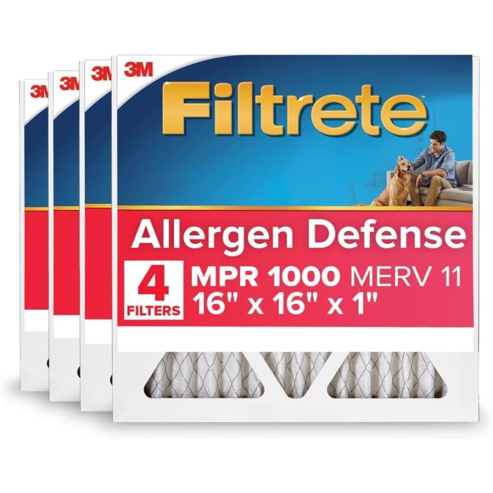 imageFiltrete 20x25x1 AC Furnace Air Filter MERV 11 MPR 1000 Micro Allergen Defense 3Month Pleated 1Inch Electrostatic Air Cleaning Filter 4 Pack Actual Size 1969 x 2469 x 081 in16x16x1