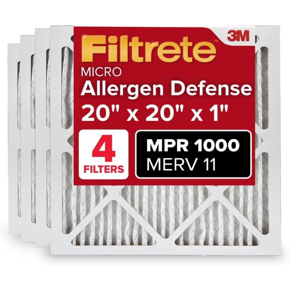 imageFiltrete 20x25x1 AC Furnace Air Filter MERV 11 MPR 1000 Micro Allergen Defense 3Month Pleated 1Inch Electrostatic Air Cleaning Filter 4 Pack Actual Size 1969 x 2469 x 081 in20x20x1