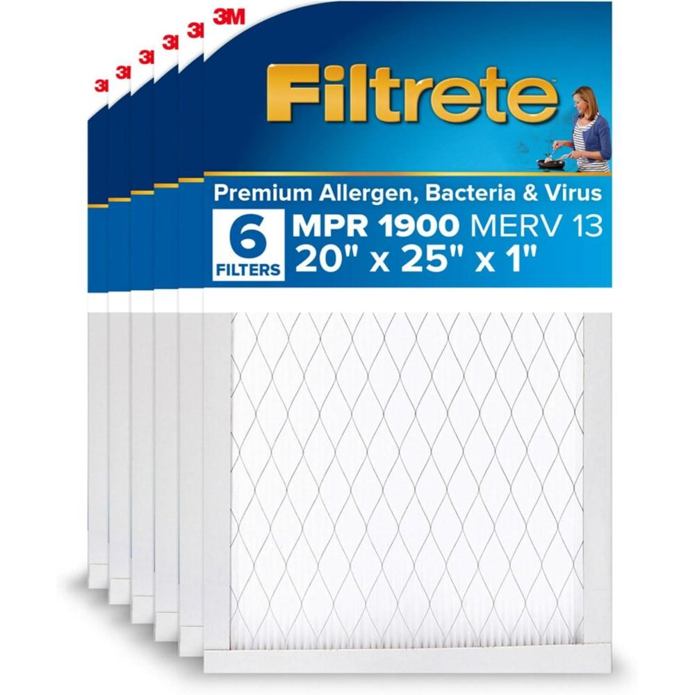 imageFiltrete 20x25x1 AC Furnace Air Filter MERV 13 MPR 1900 Premium Allergen Bacteria ampamp Virus Filter 3Month Pleated 1Inch Electrostatic Air Cleaning Filter 6Pack Actual Size 1969x2469x078 in20x25x1