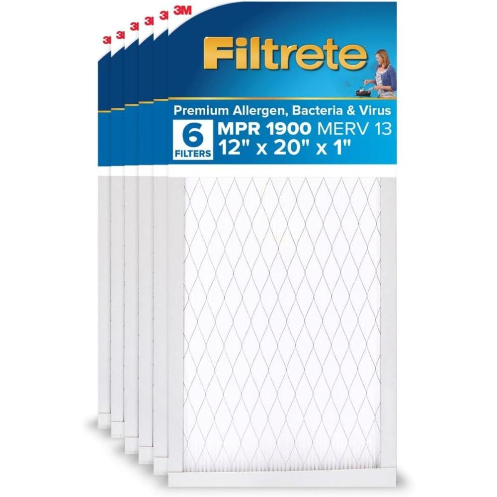 imageFiltrete 20x25x1 AC Furnace Air Filter MERV 13 MPR 1900 Premium Allergen Bacteria ampamp Virus Filter 3Month Pleated 1Inch Electrostatic Air Cleaning Filter 6Pack Actual Size 1969x2469x078 in12x20x1