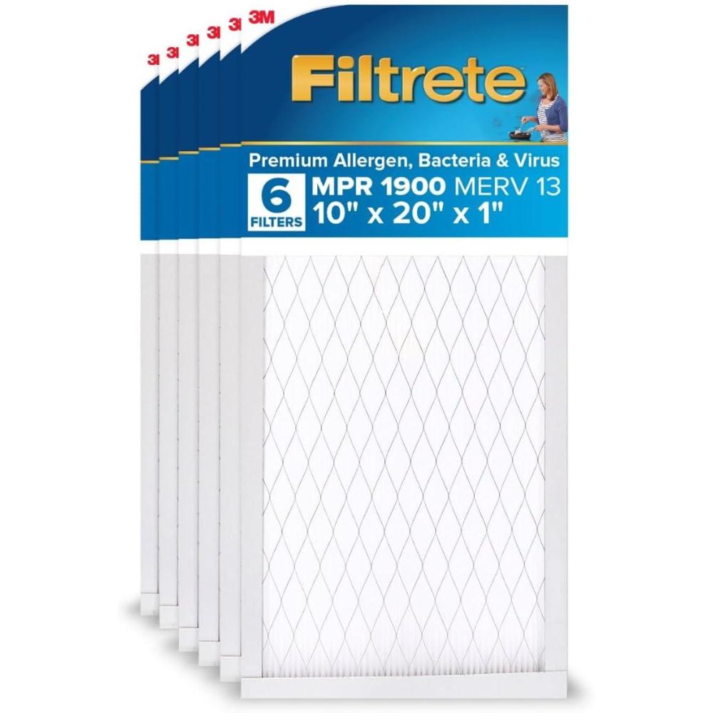 imageFiltrete 20x25x1 AC Furnace Air Filter MERV 13 MPR 1900 Premium Allergen Bacteria ampamp Virus Filter 3Month Pleated 1Inch Electrostatic Air Cleaning Filter 6Pack Actual Size 1969x2469x078 in10x20x1