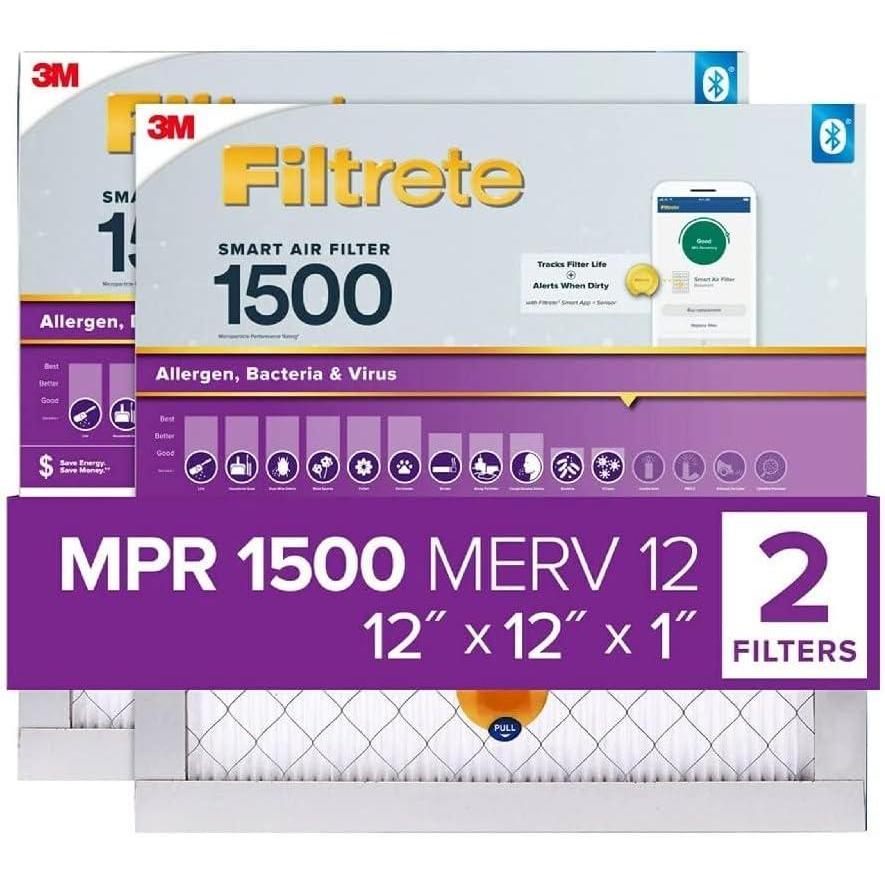 imageFiltrete 20x25x1 AC Furnace SMART Air Filter MERV 12 MPR 1500 Track Filter Life With Bluetooth Enabled Sensor CERTIFIED asthma ampamp allergy friendly 2Pack Actual Size 19719x24688x078 in12x12x1