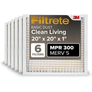 imageFiltrete 12x20x1 Air Filter MPR 300 MERV 5 Clean Living Basic Dust 3Month Pleated 1Inch Air Filters 6 Filters20x20x1