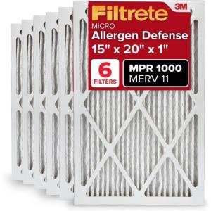 imageFiltrete 16x20x1 AC Furnace Air Filter MERV 11 MPR 1000 Micro Allergen Defense 3Month Pleated 1Inch Electrostatic Air Cleaning Filter 6 Pack Actual Size 1569 x 1969 x 081 in15x20x1