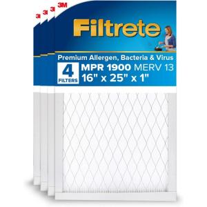 imageFiltrete 16x25x1 AC Furnace Air Filter MERV 13 MPR 1900 Premium Allergen Bacteria ampamp Virus Filter 3Month Pleated 1Inch Electrostatic Air Cleaning Filter 4Pack Actual Size 1569x2469x07816x25x1