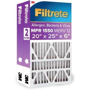 imageFiltrete 16x25x4 AC Furnace Air Filter MPR 1550 MERV 12 Fits Lennox ampamp Honeywell CERTIFIED Asthma ampamp Allergy Friendly Electrostatic Air Cleaning Filter 2Pack Actual Size 1588x2456x431 in20x25x6