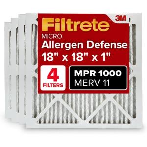 imageFiltrete 20x25x1 AC Furnace Air Filter MERV 11 MPR 1000 Micro Allergen Defense 3Month Pleated 1Inch Electrostatic Air Cleaning Filter 4 Pack Actual Size 1969 x 2469 x 081 in18x18x1