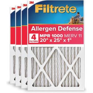imageFiltrete 20x25x1 AC Furnace Air Filter MERV 11 MPR 1000 Micro Allergen Defense 3Month Pleated 1Inch Electrostatic Air Cleaning Filter 4 Pack Actual Size 1969 x 2469 x 081 in20x25x1