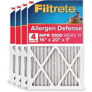 imageFiltrete 20x25x1 AC Furnace Air Filter MERV 11 MPR 1000 Micro Allergen Defense 3Month Pleated 1Inch Electrostatic Air Cleaning Filter 4 Pack Actual Size 1969 x 2469 x 081 in16x20x1