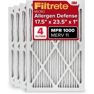 imageFiltrete 20x25x1 AC Furnace Air Filter MERV 11 MPR 1000 Micro Allergen Defense 3Month Pleated 1Inch Electrostatic Air Cleaning Filter 4 Pack Actual Size 1969 x 2469 x 081 in175x235x1