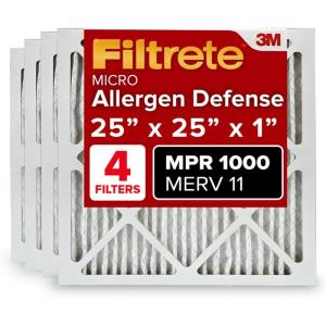 imageFiltrete 20x25x1 AC Furnace Air Filter MERV 11 MPR 1000 Micro Allergen Defense 3Month Pleated 1Inch Electrostatic Air Cleaning Filter 4 Pack Actual Size 1969 x 2469 x 081 in25x25x1