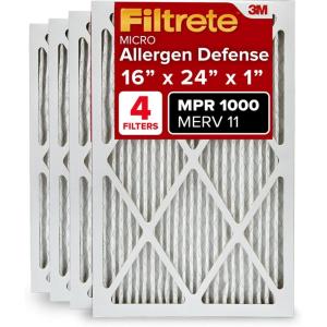 imageFiltrete 20x25x1 AC Furnace Air Filter MERV 11 MPR 1000 Micro Allergen Defense 3Month Pleated 1Inch Electrostatic Air Cleaning Filter 4 Pack Actual Size 1969 x 2469 x 081 in16x24x1