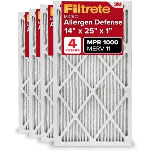 imageFiltrete 20x25x1 AC Furnace Air Filter MERV 11 MPR 1000 Micro Allergen Defense 3Month Pleated 1Inch Electrostatic Air Cleaning Filter 4 Pack Actual Size 1969 x 2469 x 081 in14x25x1