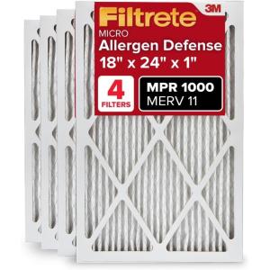 imageFiltrete 20x25x1 AC Furnace Air Filter MERV 11 MPR 1000 Micro Allergen Defense 3Month Pleated 1Inch Electrostatic Air Cleaning Filter 4 Pack Actual Size 1969 x 2469 x 081 in18x24x1