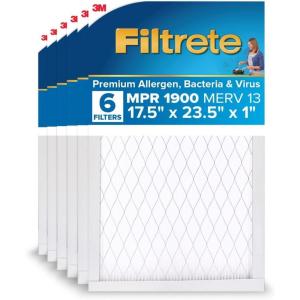 imageFiltrete 20x25x1 AC Furnace Air Filter MERV 13 MPR 1900 Premium Allergen Bacteria ampamp Virus Filter 3Month Pleated 1Inch Electrostatic Air Cleaning Filter 6Pack Actual Size 1969x2469x078 in175x235x1