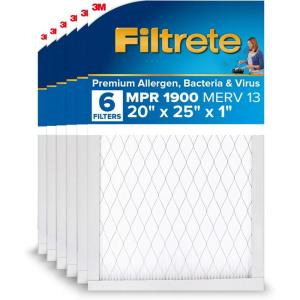 imageFiltrete 20x25x1 AC Furnace Air Filter MERV 13 MPR 1900 Premium Allergen Bacteria ampamp Virus Filter 3Month Pleated 1Inch Electrostatic Air Cleaning Filter 6Pack Actual Size 1969x2469x078 in20x25x1