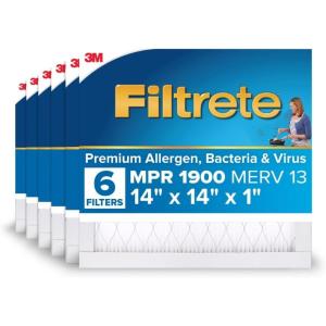 imageFiltrete 20x25x1 AC Furnace Air Filter MERV 13 MPR 1900 Premium Allergen Bacteria ampamp Virus Filter 3Month Pleated 1Inch Electrostatic Air Cleaning Filter 6Pack Actual Size 1969x2469x078 in14x14x1