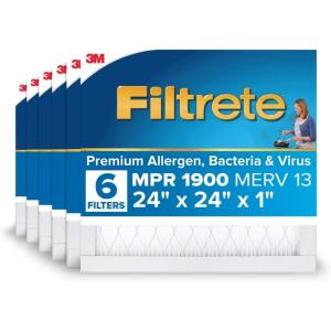imageFiltrete 20x25x1 AC Furnace Air Filter MERV 13 MPR 1900 Premium Allergen Bacteria ampamp Virus Filter 3Month Pleated 1Inch Electrostatic Air Cleaning Filter 6Pack Actual Size 1969x2469x078 in24x24x1