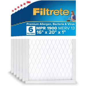 imageFiltrete 20x25x1 AC Furnace Air Filter MERV 13 MPR 1900 Premium Allergen Bacteria ampamp Virus Filter 3Month Pleated 1Inch Electrostatic Air Cleaning Filter 6Pack Actual Size 1969x2469x078 in16x20x1
