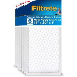 imageFiltrete 20x25x1 AC Furnace Air Filter MERV 13 MPR 1900 Premium Allergen Bacteria ampamp Virus Filter 3Month Pleated 1Inch Electrostatic Air Cleaning Filter 6Pack Actual Size 1969x2469x078 in14x30x1