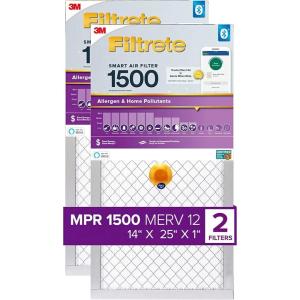 imageFiltrete 20x25x1 AC Furnace SMART Air Filter MERV 12 MPR 1500 Track Filter Life With Bluetooth Enabled Sensor CERTIFIED asthma ampamp allergy friendly 2Pack Actual Size 19719x24688x078 in14x25x1