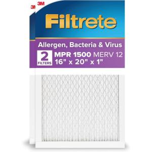 imageFiltrete 20x30x1 AC Furnace Air Filter MERV 12 MPR 1500 CERTIFIED asthma ampamp allergy friendly 3 Month Pleated 1Inch Electrostatic Air Cleaning Filter 2Pack Actual Size 1981x2981x078 in16x20x1