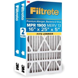 imageFiltrete 20x25x5 AC Furnace Air Filter MERV 13 MPR 1900 Premium Allergen Bacteria ampamp Virus Filter Electrostatic Air Cleaning Filter 2Pack Actual Size 1956 x 2413 x 475 in16x25x5 SlimFit