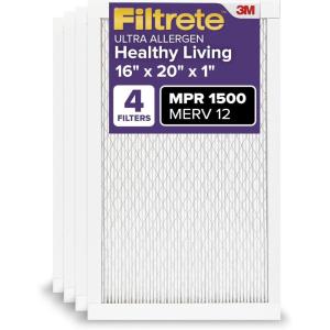 imageFiltrete 12x24x1 AC Furnace Air Filter MERV 12 MPR 1500 CERTIFIED asthma ampamp allergy friendly 3 Month Pleated 1Inch Electrostatic Air Cleaning Filter 4Pack Actual Size 1169 x 2369 x 078 in16x20x1