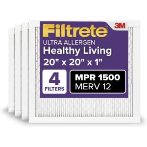 imageFiltrete 12x24x1 AC Furnace Air Filter MERV 12 MPR 1500 CERTIFIED asthma ampamp allergy friendly 3 Month Pleated 1Inch Electrostatic Air Cleaning Filter 4Pack Actual Size 1169 x 2369 x 078 in20x20x1
