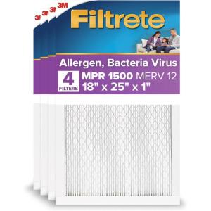 imageFiltrete 12x24x1 AC Furnace Air Filter MERV 12 MPR 1500 CERTIFIED asthma ampamp allergy friendly 3 Month Pleated 1Inch Electrostatic Air Cleaning Filter 4Pack Actual Size 1169 x 2369 x 078 in18x25x1