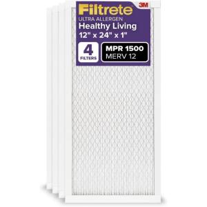 imageFiltrete 12x24x1 AC Furnace Air Filter MERV 12 MPR 1500 CERTIFIED asthma ampamp allergy friendly 3 Month Pleated 1Inch Electrostatic Air Cleaning Filter 4Pack Actual Size 1169 x 2369 x 078 in12x24x1