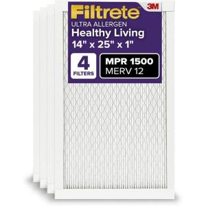 imageFiltrete 12x24x1 AC Furnace Air Filter MERV 12 MPR 1500 CERTIFIED asthma ampamp allergy friendly 3 Month Pleated 1Inch Electrostatic Air Cleaning Filter 4Pack Actual Size 1169 x 2369 x 078 in14x25x1