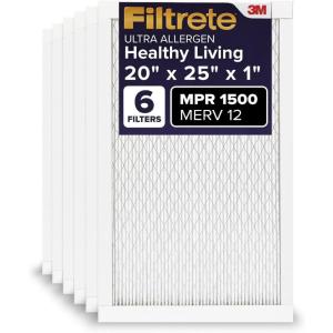 imageFiltrete 20x25x1 AC Furnace Air Filter MERV 12 MPR 1500 CERTIFIED asthma ampamp allergy friendly 3 Month Pleated 1Inch Electrostatic Air Cleaning Filter 6Pack Actual Size 1969x2469x07820x25x1